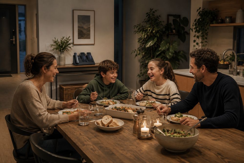 Eine Familie beim Abendessen am Tisch, kein Telefon in Sicht