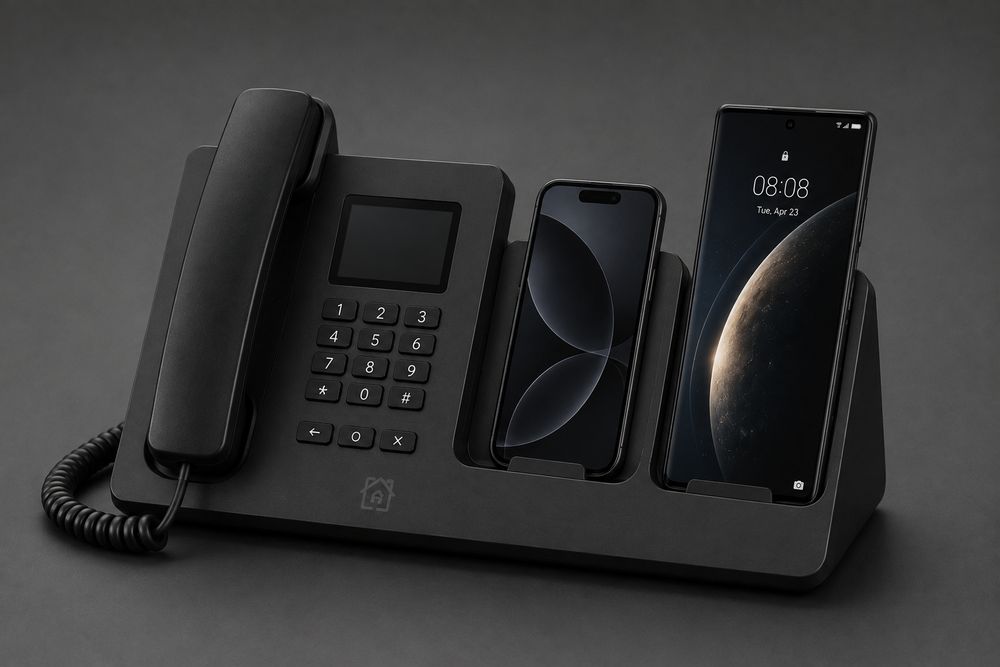 Der HearthPhone-Hörer schräg von vorn, mit Station und Tastatur