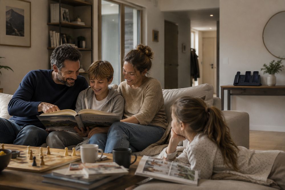 Eine Familie liest und spielt im Wohnzimmer, die Telefone bleiben im Flur